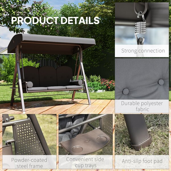 Outsunny 3 Seater Garden Swing Seat, Outdoor Hammock Bench with Adjustable Canopy, Cushions and Cup Trays, Steel Frame, Dark Grey Aosom UK