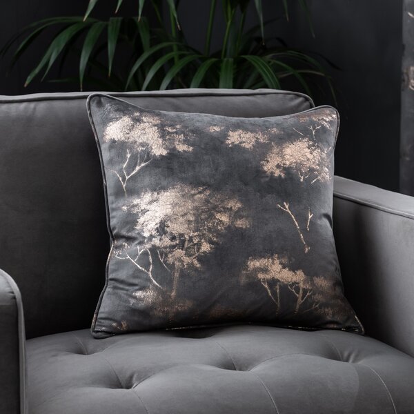 Velour Tree Printed Cushion Grey/Gold