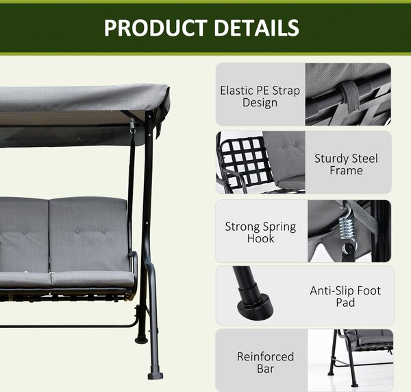 Outsunny 3 Seater Outdoor Garden Swing Chairs Thick Padded Seat Hammock Canopy Porch Patio Bench Bed - Grey