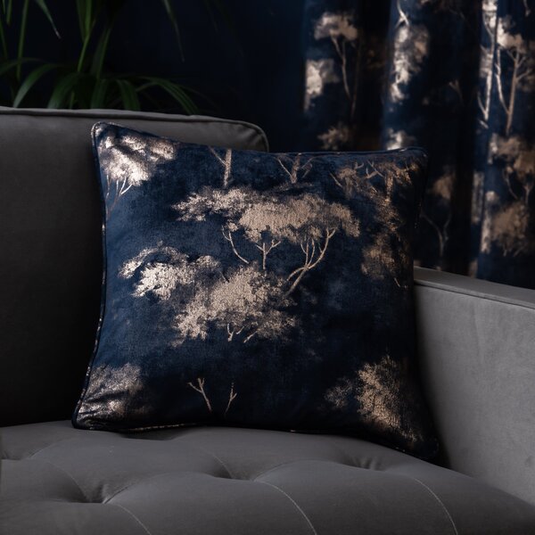 Velour Tree Printed Cushion Navy Blue/Gold