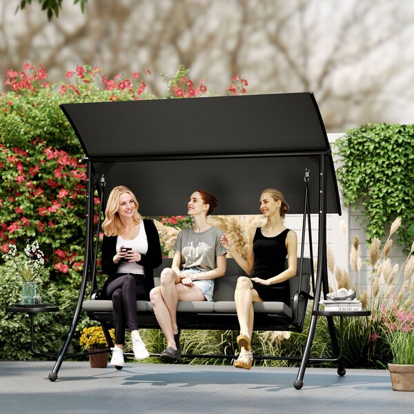Outsunny 3 Seater Garden Swing Chair with Adjustable Canopy, Cushion and Coffee Tables for Outdoor Dark Grey