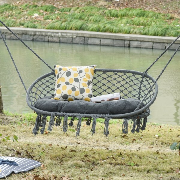 Outsunny Hanging Hammock Chair Cotton Rope Porch Swing with Metal Frame and Cushion, Large Macrame Seat for Garden, Bedroom, Living Room, Dark Grey