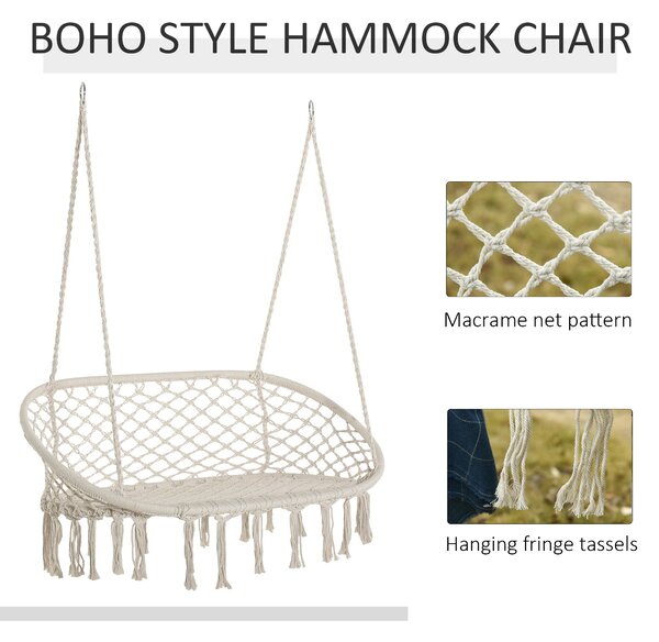 Outsunny Hanging Hammock Chair Cotton Rope Porch Swing with Metal Frame, Large Macrame Seat for Patio, Garden, Bedroom, Living Room, Cream White