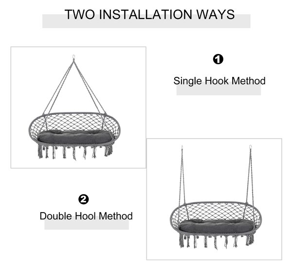 Outsunny Hanging Hammock Chair Cotton Rope Porch Swing with Metal Frame and Cushion, Large Macrame Seat for Garden, Bedroom, Living Room, Dark Grey