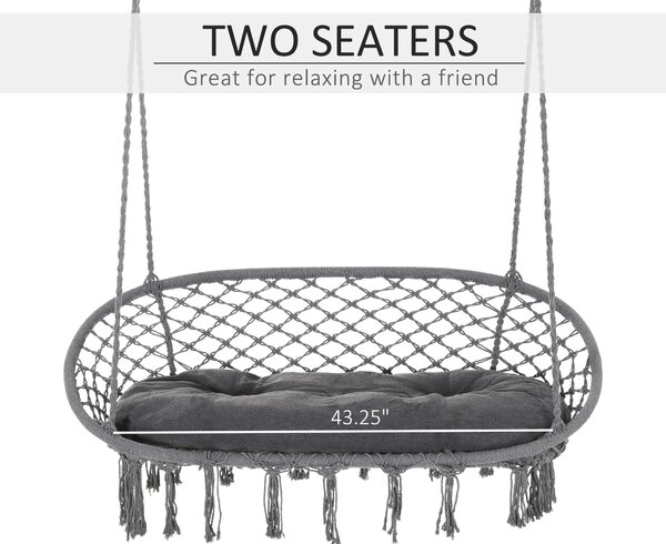 Outsunny Hanging Hammock Chair Cotton Rope Porch Swing with Metal Frame and Cushion, Large Macrame Seat for Garden, Bedroom, Living Room, Dark Grey