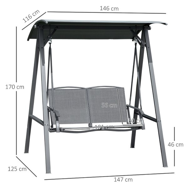 Outsunny 2 Seater Garden Swing Chair, Outdoor Canopy Swing Bench with Adjustable Shade and Metal Frame, Dark Grey