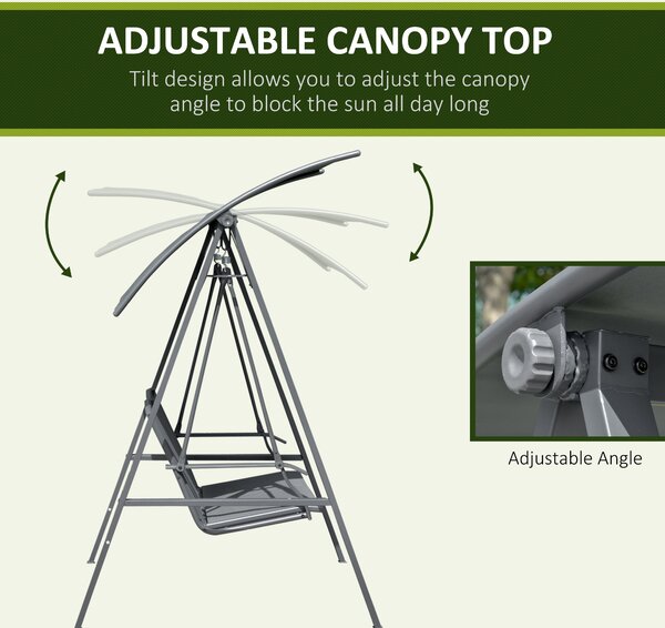 Outsunny 2 Seater Garden Swing Chair, Outdoor Canopy Swing Bench with Adjustable Shade and Metal Frame, Dark Grey