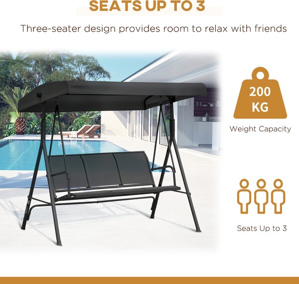 Outsunny Three-Seater Garden Swing Chair, with Canopy - Black