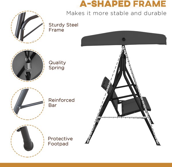 Outsunny Three-Seater Garden Swing Chair, with Canopy - Black