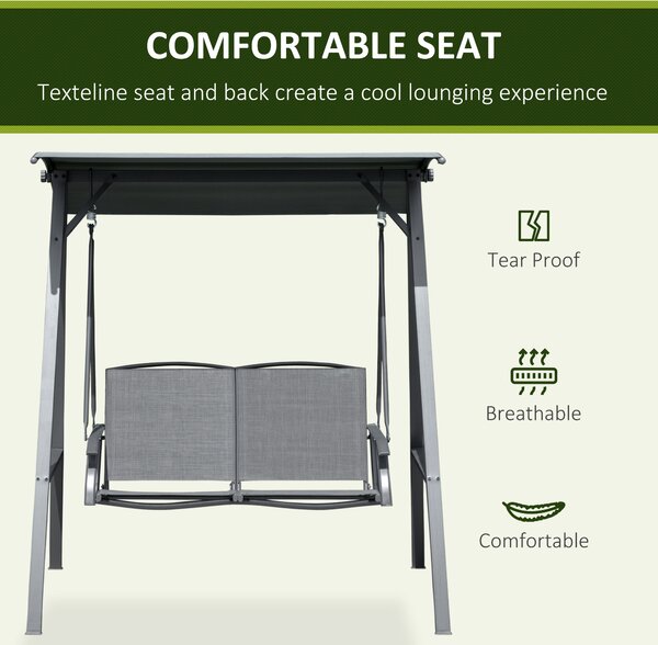 Outsunny 2 Seater Garden Swing Chair, Outdoor Canopy Swing Bench with Adjustable Shade and Metal Frame, Dark Grey