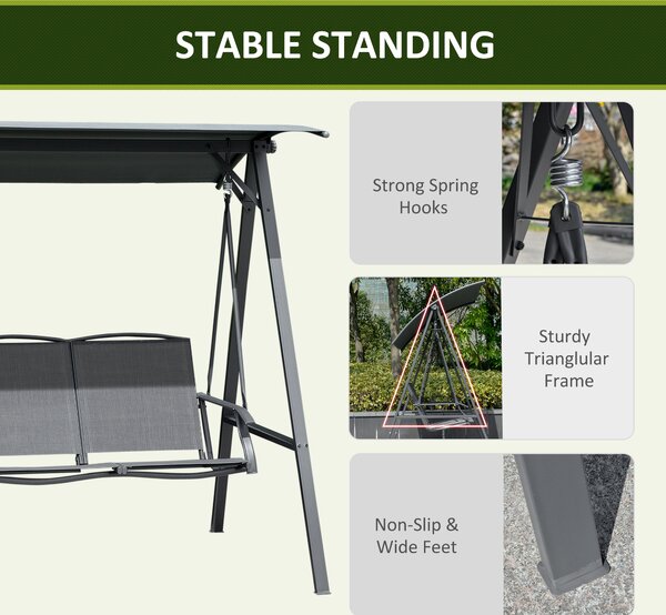 Outsunny 2 Seater Garden Swing Chair, Outdoor Canopy Swing Bench with Adjustable Shade and Metal Frame, Dark Grey