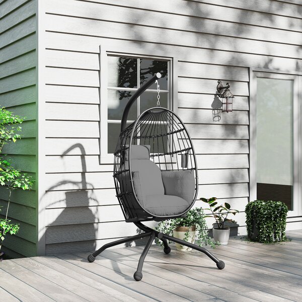Outsunny Hanging Egg Chair Outdoor Indoor Swing Chair with Folding Basket, Cushion, Stand, Headrest, Cup Holder for Patio, Balcony, Dark Grey