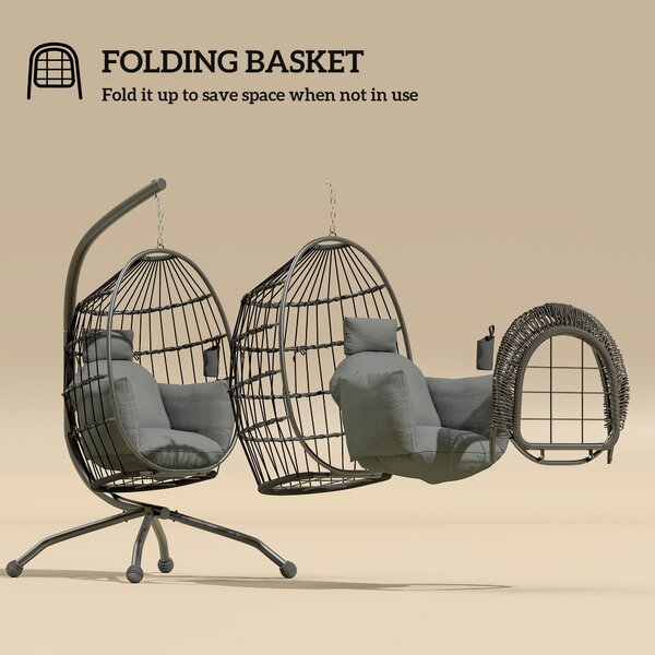Outsunny Hanging Egg Chair Outdoor Indoor Swing Chair with Folding Basket, Cushion, Stand, Headrest, Cup Holder for Patio, Balcony, Dark Grey