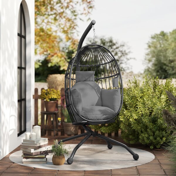 Outsunny Hanging Egg Chair Outdoor Indoor Swing Chair with Folding Basket, Cushion, Stand, Headrest, Cup Holder for Patio, Balcony, Dark Grey