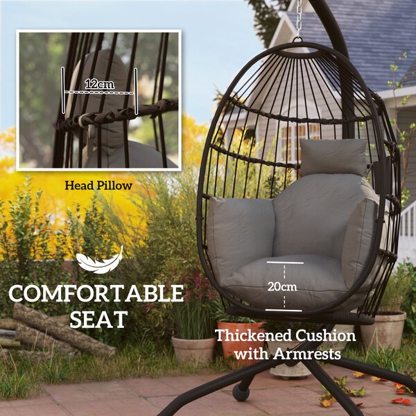 Outsunny Hanging Egg Chair Outdoor Indoor Swing Chair with Folding Basket, Cushion, Stand, Headrest, Cup Holder for Patio, Balcony, Dark Grey