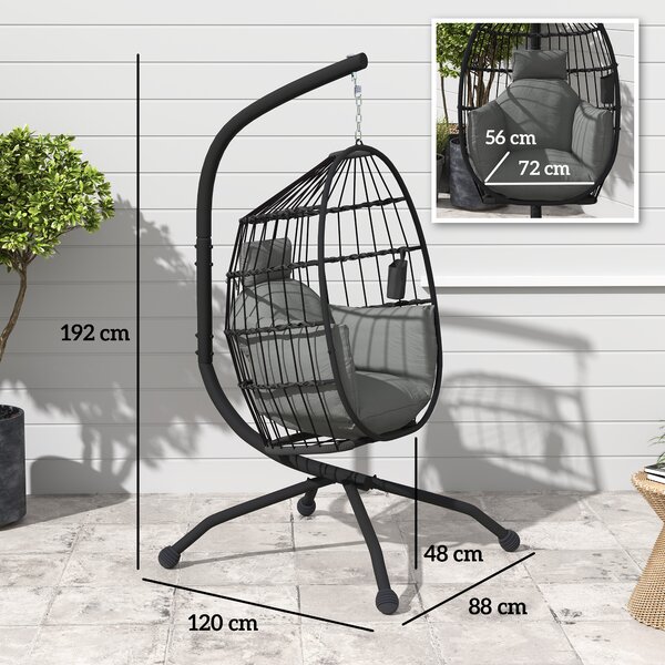 Outsunny Hanging Egg Chair Outdoor Indoor Swing Chair with Folding Basket, Cushion, Stand, Headrest, Cup Holder for Patio, Balcony, Dark Grey