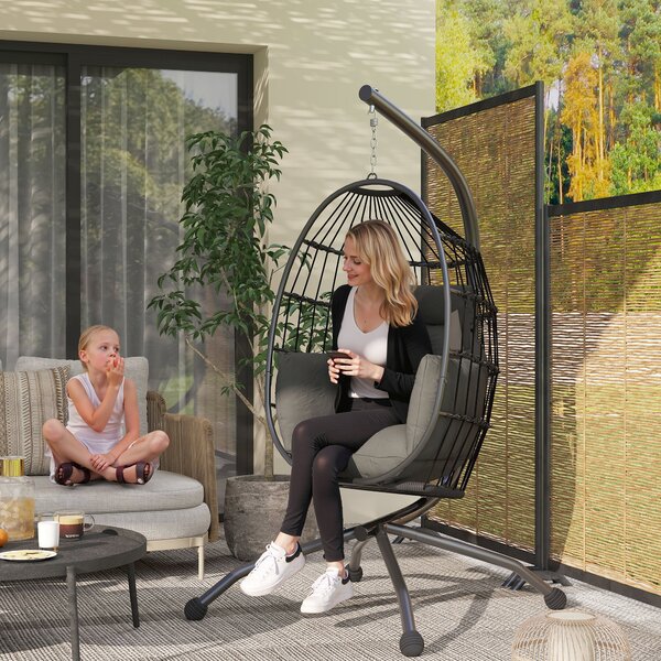 Outsunny Hanging Egg Chair Outdoor Indoor Swing Chair with Folding Basket, Cushion, Stand, Headrest, Cup Holder for Patio, Balcony, Dark Grey