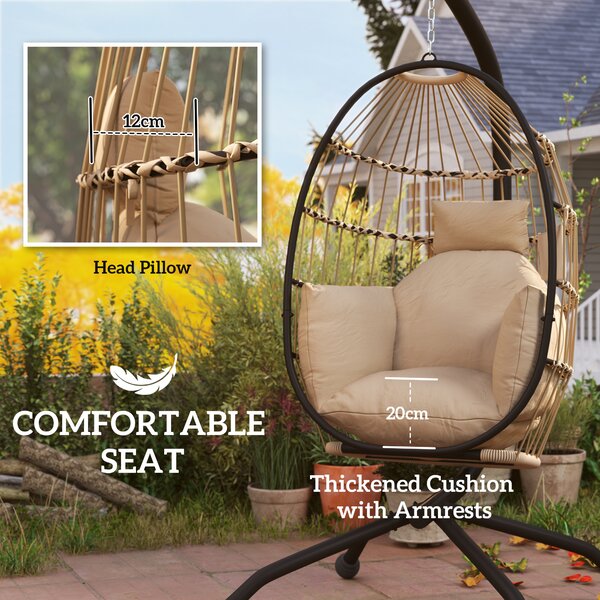 Outsunny Hanging Egg Chair Outdoor Indoor Swing Chair with Folding Basket and Cushion, Stand, Headrest, Cup Holder for Patio, Balcony, Khaki