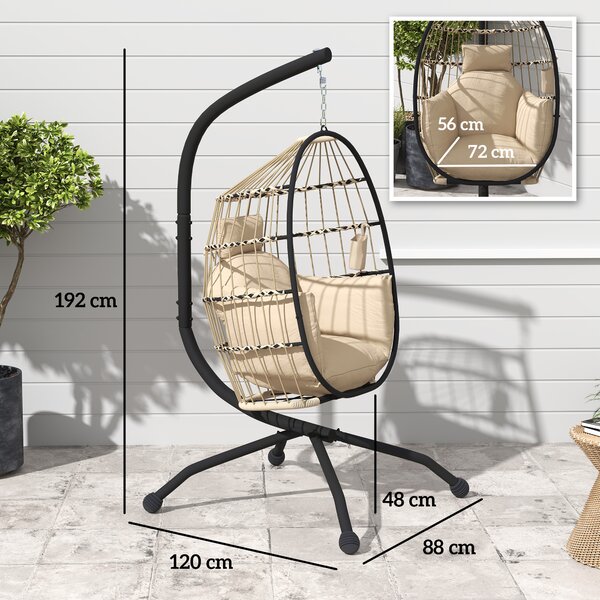 Outsunny Hanging Egg Chair Outdoor Indoor Swing Chair with Folding Basket and Cushion, Stand, Headrest, Cup Holder for Patio, Balcony, Khaki