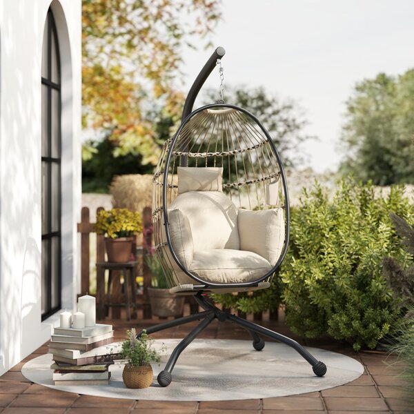 Outsunny Hanging Egg Chair Outdoor Indoor Swing Chair with Folding Basket and Cushion, Stand, Headrest, Cup Holder for Patio, Balcony, Khaki