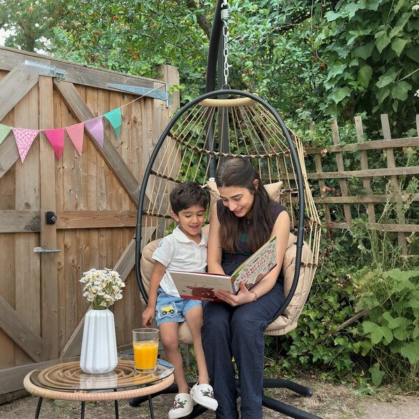 Outsunny Hanging Egg Chair Outdoor Indoor Swing Chair with Folding Basket and Cushion, Stand, Headrest, Cup Holder for Patio, Balcony, Khaki
