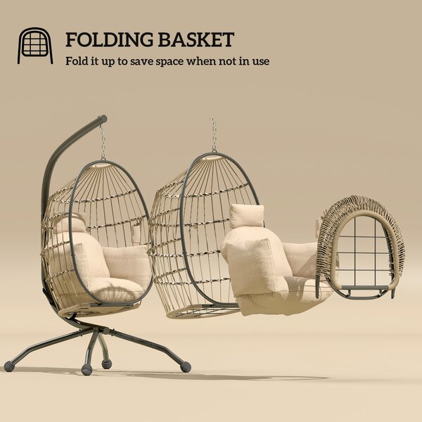 Outsunny Hanging Egg Chair Outdoor Indoor Swing Chair with Folding Basket and Cushion, Stand, Headrest, Cup Holder for Patio, Balcony, Khaki