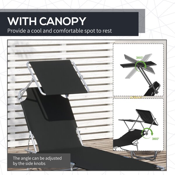 Outsunny Reclining Chair Sun Lounger Folding Lounger Seat with Sun Shade Awning Beach Garden Outdoor Patio Recliner Adjustable (Black)