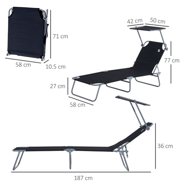Outsunny Reclining Chair Sun Lounger Folding Lounger Seat with Sun Shade Awning Beach Garden Outdoor Patio Recliner Adjustable (Black)