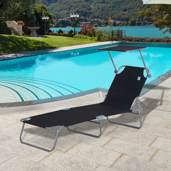 Outsunny Reclining Chair Sun Lounger Folding Lounger Seat with Sun Shade Awning Beach Garden Outdoor Patio Recliner Adjustable (Black)