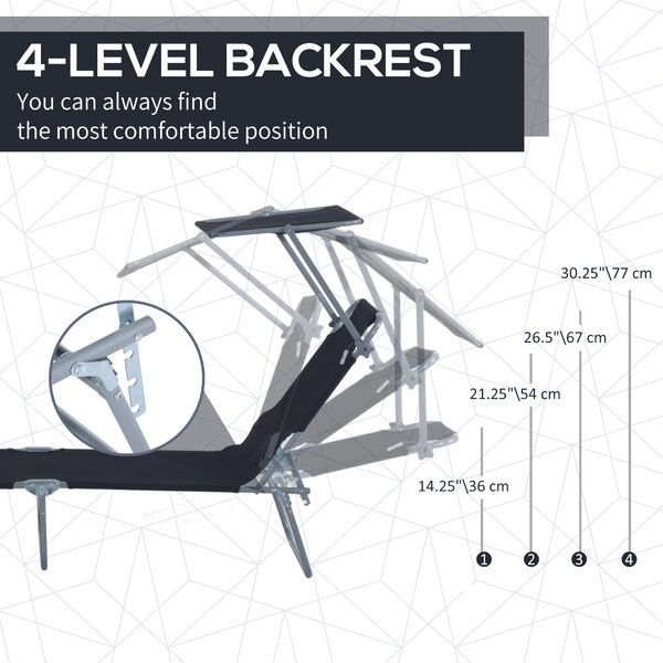 Outsunny 2 Pcs Outdoor Foldable Sun Lounger Set w/ Removeable Shade Canopy, Patio Recliner Sun Lounger w/ Adjustable Backrest w/ Mesh Fabric, Black