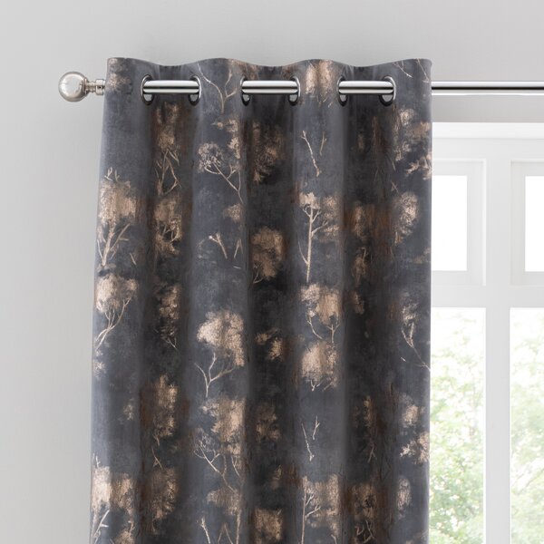 Velour Tree Print Charcoal Eyelet Curtains Charcoal