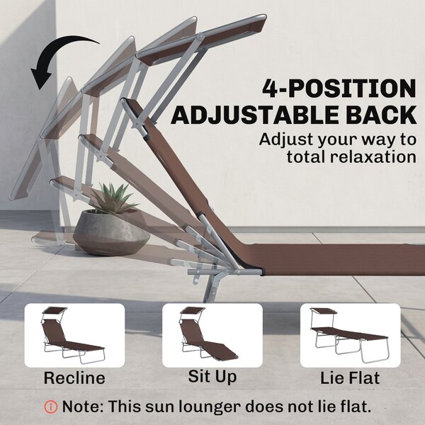 Outsunny Reclining Chair Sun Lounger Folding Lounger Seat with Sun Shade Awning Beach Garden Outdoor Patio Recliner Adjustable (Brown) Aosom UK