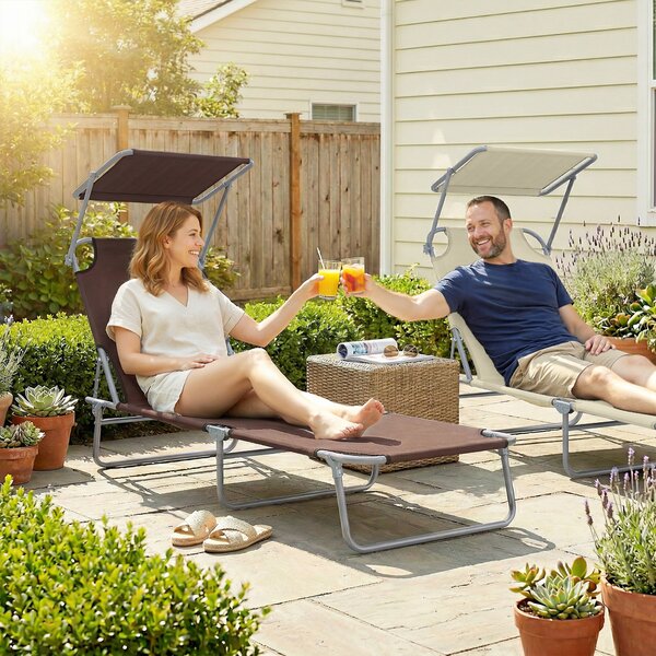 Outsunny Reclining Chair Sun Lounger Folding Lounger Seat with Sun Shade Awning Beach Garden Outdoor Patio Recliner Adjustable (Brown) Aosom UK