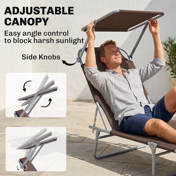 Outsunny Reclining Chair Sun Lounger Folding Lounger Seat with Sun Shade Awning Beach Garden Outdoor Patio Recliner Adjustable (Brown) Aosom UK