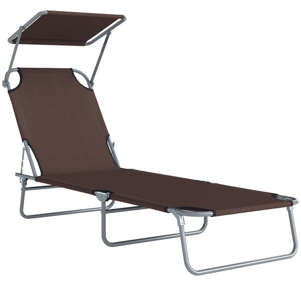 Outsunny Reclining Chair Sun Lounger Folding Lounger Seat with Sun Shade Awning Beach Garden Outdoor Patio Recliner Adjustable (Brown) Aosom UK