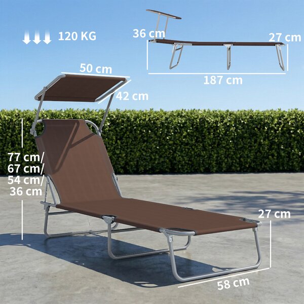 Outsunny Reclining Chair Sun Lounger Folding Lounger Seat with Sun Shade Awning Beach Garden Outdoor Patio Recliner Adjustable (Brown) Aosom UK