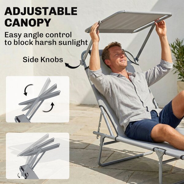 Outsunny Folding Recliner Chair with Adjustable Back and Sun Shade, Perfect for Outdoor Patio & Garden, Light Grey Aosom UK