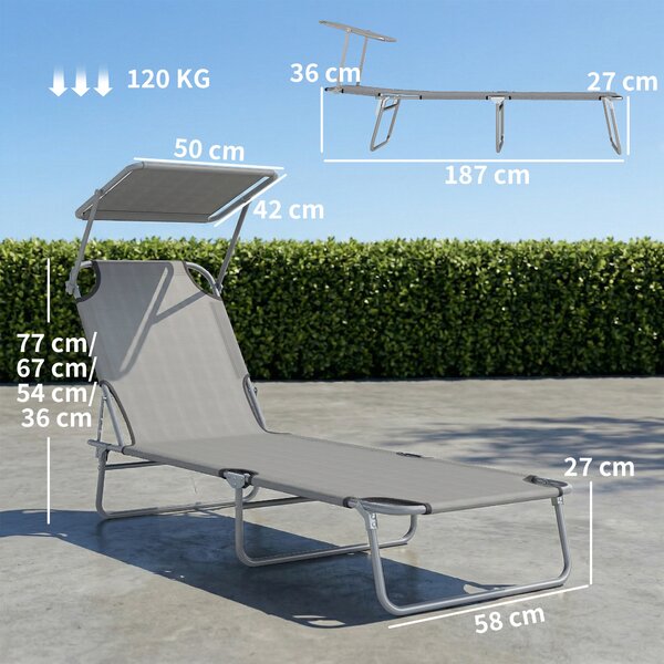 Outsunny Folding Recliner Chair with Adjustable Back and Sun Shade, Perfect for Outdoor Patio & Garden, Light Grey Aosom UK