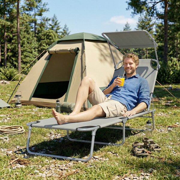 Outsunny Folding Recliner Chair with Adjustable Back and Sun Shade, Perfect for Outdoor Patio & Garden, Light Grey Aosom UK