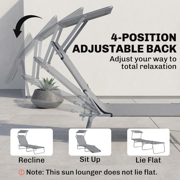 Outsunny Folding Recliner Chair with Adjustable Back and Sun Shade, Perfect for Outdoor Patio & Garden, Light Grey Aosom UK