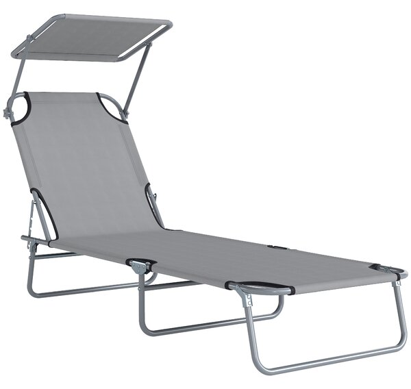 Outsunny Folding Recliner Chair with Adjustable Back and Sun Shade, Perfect for Outdoor Patio & Garden, Light Grey Aosom UK