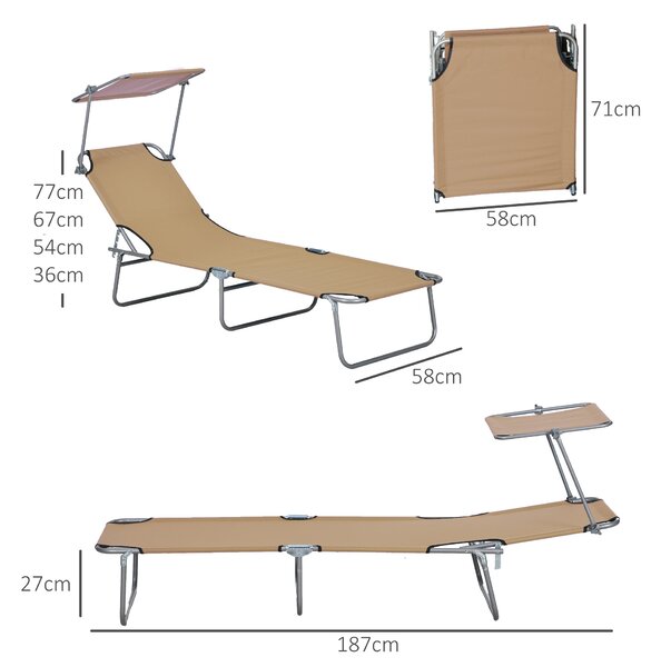 Outsunny Outdoor Foldable Sun Lounger, 4 Level Adjustable Backrest Reclining Sun Lounger Chair with Angle Adjust for Beach, Garden, Patio, Tan