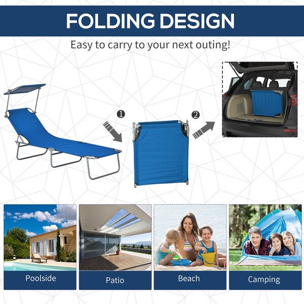 Outsunny Outdoor Foldable Sun Lounger Set of 2, 4 Level Adjustable Backrest Reclining Sun Lounger Chair w/ Angle Adjust Sun Shade for Beach Aosom UK