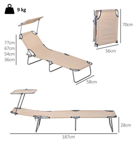 Outsunny Sun Lounger Set of 2, Foldable, 4-Level Adjustable Backrest, Reclining Chair with Sun Shade, for Beach/Garden/Patio, Brown