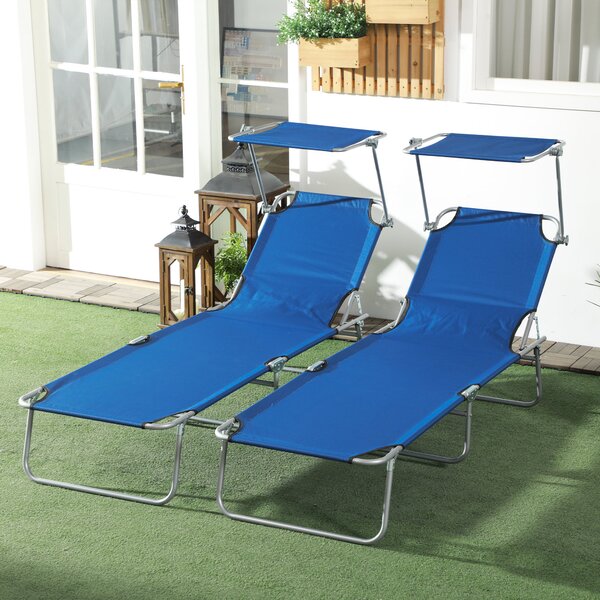 Outsunny Outdoor Foldable Sun Lounger Set of 2, 4 Level Adjustable Backrest Reclining Sun Lounger Chair w/ Angle Adjust Sun Shade for Beach Aosom UK