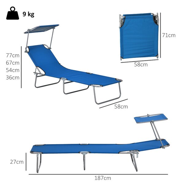Outsunny Outdoor Foldable Sun Lounger Set of 2, 4 Level Adjustable Backrest Reclining Sun Lounger Chair w/ Angle Adjust Sun Shade for Beach Aosom UK