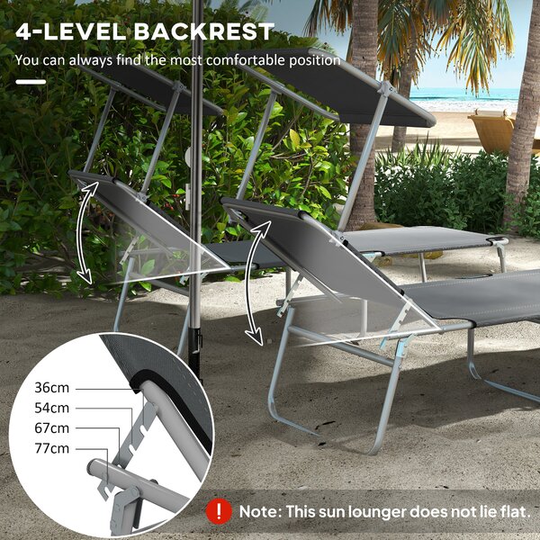 Outsunny Sun Lounger Set of 2, Foldable, 4-Level Adjustable Backrest, Reclining Chair with Sun Shade, for Beach/Garden/Patio, Grey