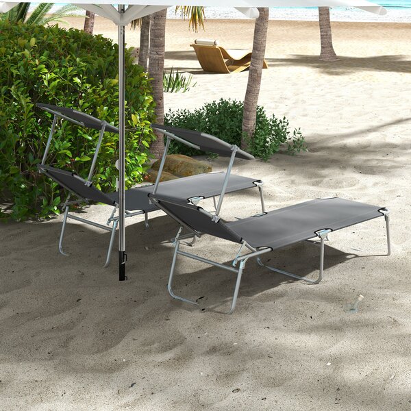 Outsunny Sun Lounger Set of 2, Foldable, 4-Level Adjustable Backrest, Reclining Chair with Sun Shade, for Beach/Garden/Patio, Grey