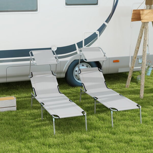 Outsunny Outdoor Foldable Sun Lounger Set of 2, 4 Level Adjustable Backrest Reclining Sun Lounger Chair with Angle Adjust Sun Shade Awning Aosom UK