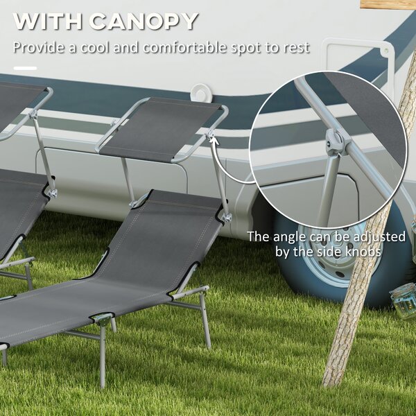 Outsunny Sun Lounger Set of 2, Foldable, 4-Level Adjustable Backrest, Reclining Chair with Sun Shade, for Beach/Garden/Patio, Grey